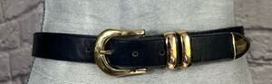 Vintage 90's Classic Navy Blue Leather Belt with Goldtone Buckle and Belt Tip